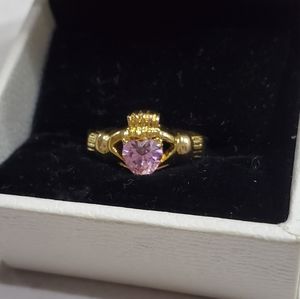Claddaugh Ring with Genuine Cz Pink Heart 18k Plat
